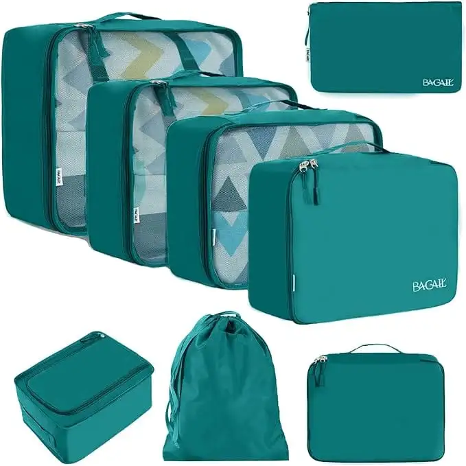 8 set mesh packing cubes with laundry bag and shoe bag for organized travel and efficient packing.