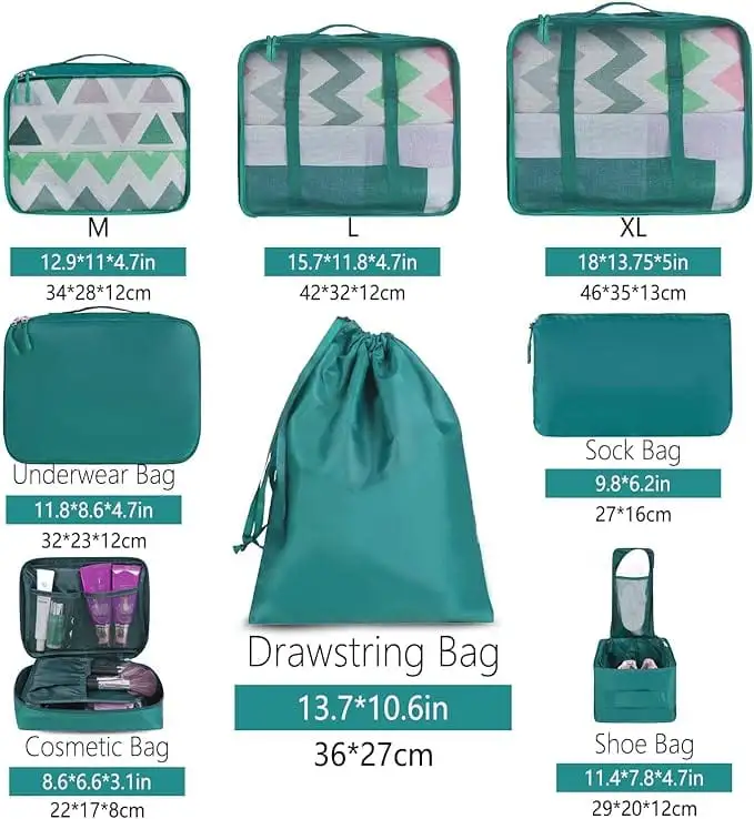 8 set mesh packing cubes with laundry bag and shoe bag for organized travel and efficient luggage packing.