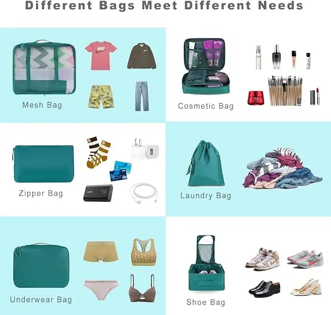 8 set mesh packing cubes with laundry bag and shoe bag for organized travel and efficient luggage packing.
