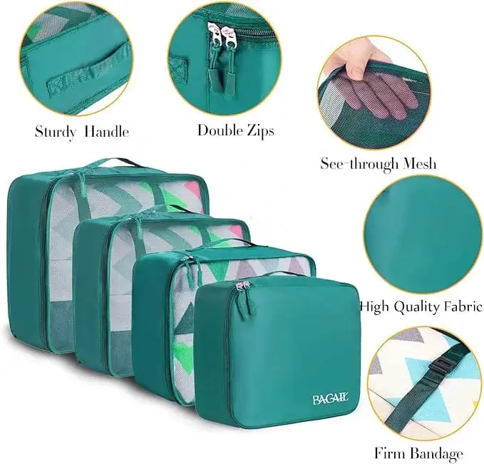 8 set mesh packing cubes with laundry bag and shoe bag for organized travel and efficient packing.