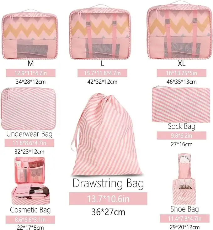 8 set mesh packing cubes with laundry and shoe bags for organized travel and efficient packing.
