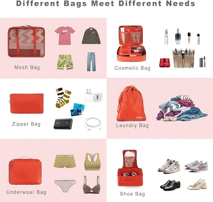 8 set mesh packing cubes with laundry bag and shoe bag for organized travel storage and efficient packing.