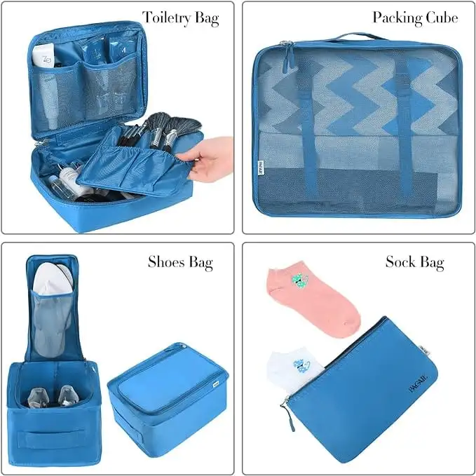 8 set mesh packing cubes with laundry bag and shoe bag for organized travel and luggage storage.