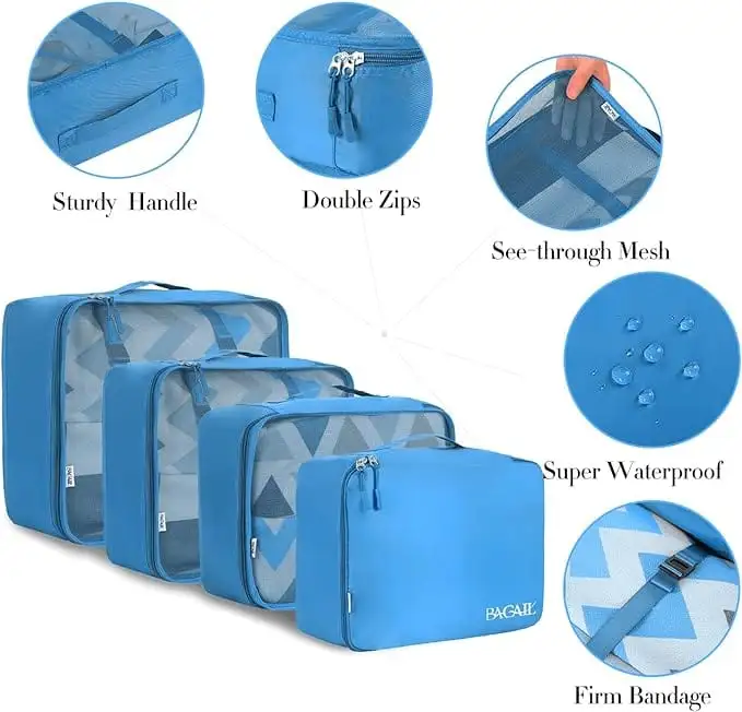 8 set mesh packing cubes with laundry and shoe bags for efficient travel organization and storage.