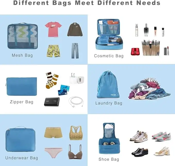 8 set mesh packing cubes with laundry and shoe bags for organized travel and efficient packing. Ideal for luggage.