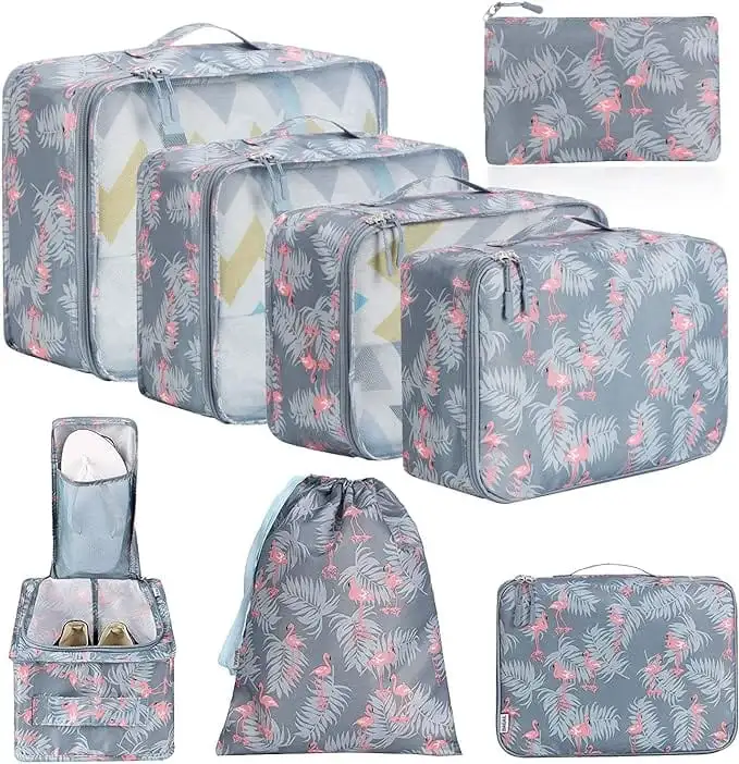 8 set mesh packing cubes with laundry bag and shoe bag for efficient travel organization and storage solutions.