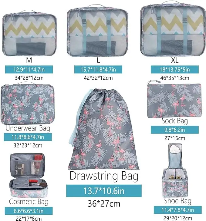 8 set mesh packing cubes with laundry bag and shoe bag for efficient travel organization and storage solutions.