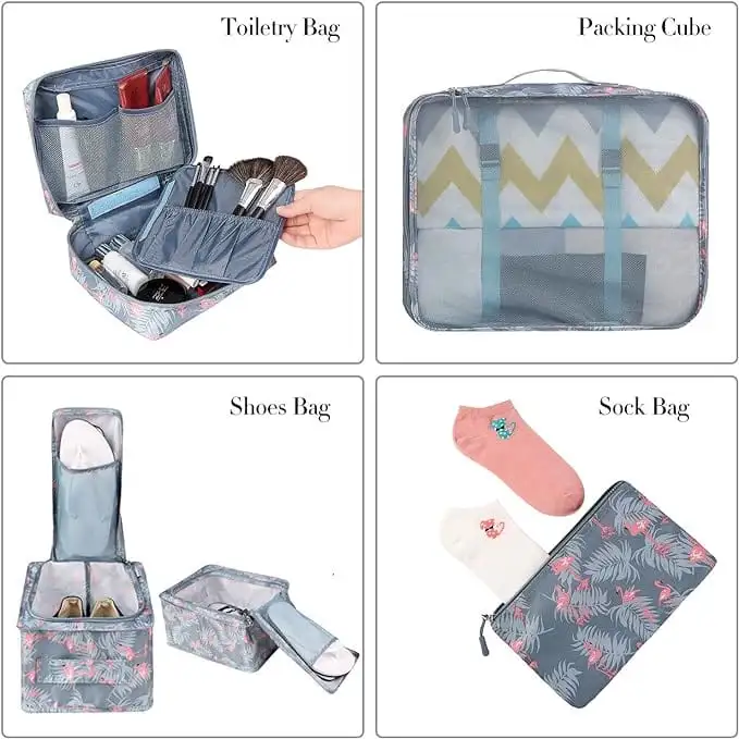 8 set mesh packing cubes with laundry and shoe bags for organized travel and efficient luggage storage.