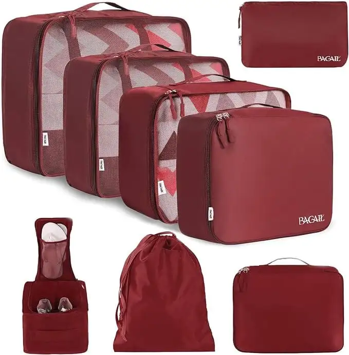 8-piece mesh packing cubes set with laundry and shoe bags, perfect for organized travel in wine red.