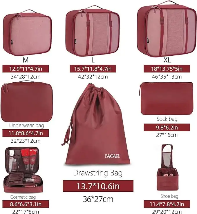 8-piece mesh packing cubes set with laundry bag and shoe bag for efficient travel organization and storage.