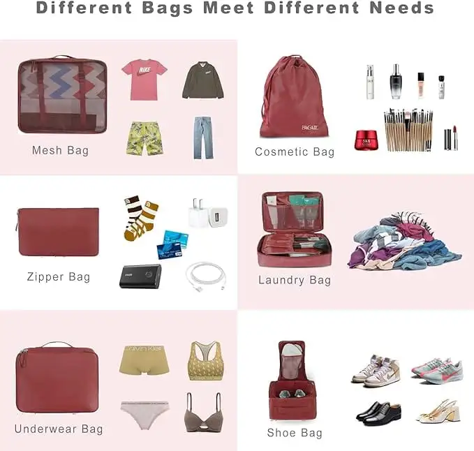 8 set mesh packing cubes with laundry and shoe bags for organized travel and efficient packing.