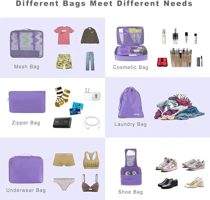 8 set mesh packing cubes with laundry bag and shoe bag for organized travel and efficient packing.