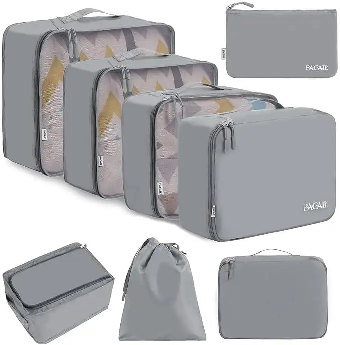8 set mesh packing cubes with laundry bag and shoe bag for organized travel and efficient packing.