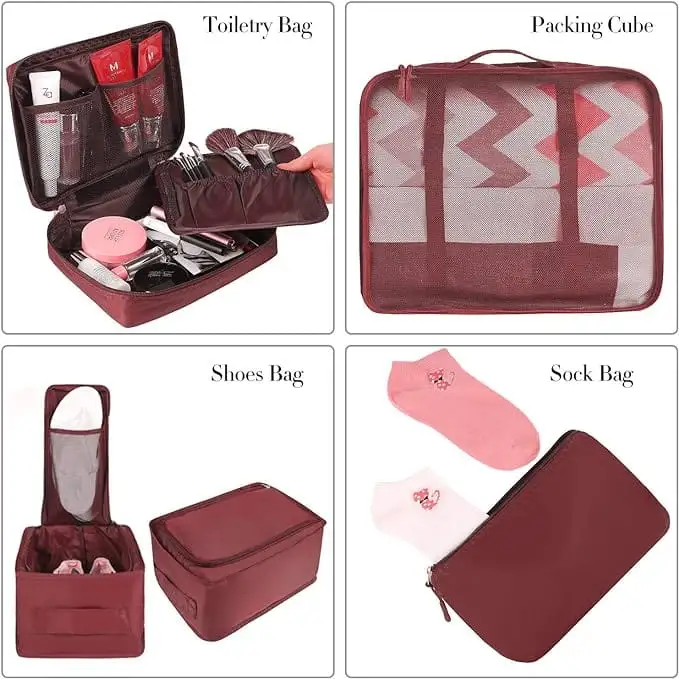 8 set mesh packing cubes with laundry and shoe bags for organized travel and luggage storage. Ideal for efficient packing.