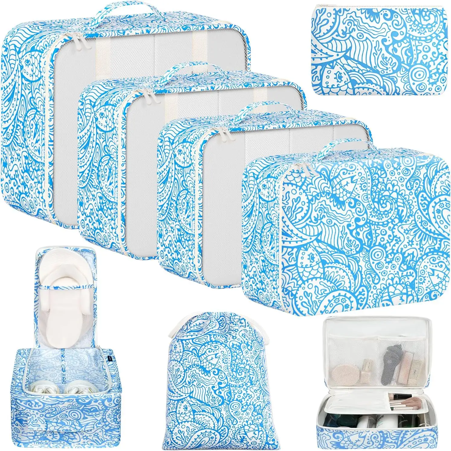8 mesh packing cubes set with laundry and shoe bags for organized travel and easy packing.