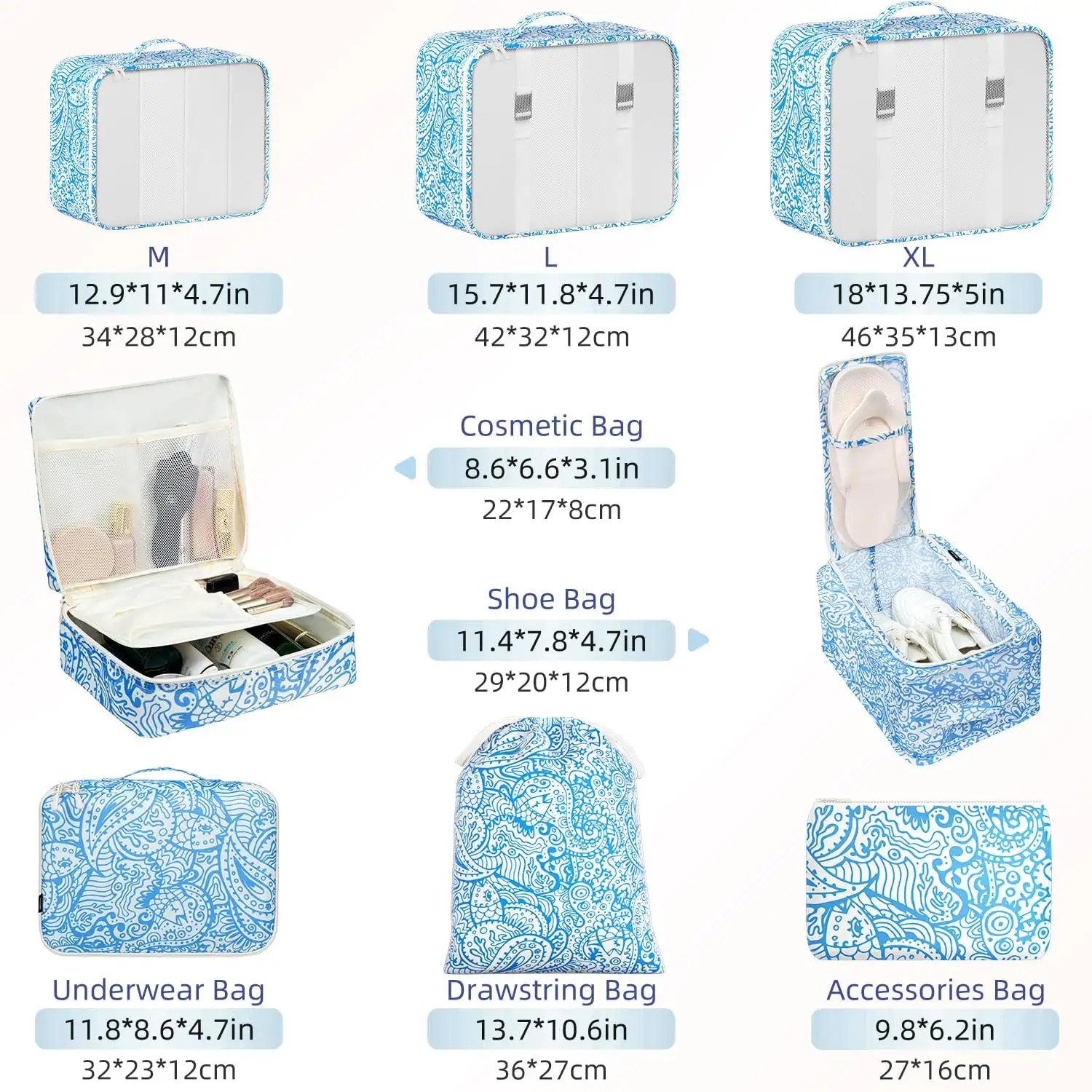 8 mesh packing cubes set with laundry and shoe bags, perfect for organized travel and efficient packing.