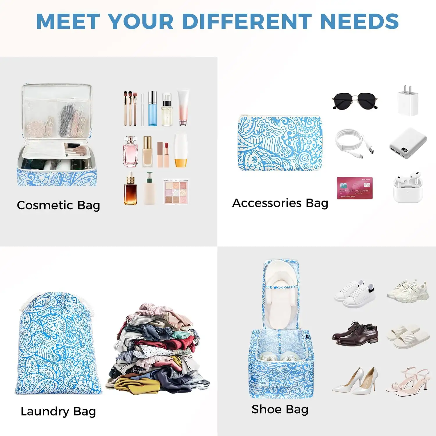 8 mesh packing cubes set with laundry and shoe bags, perfect for organized travel and efficient packing.