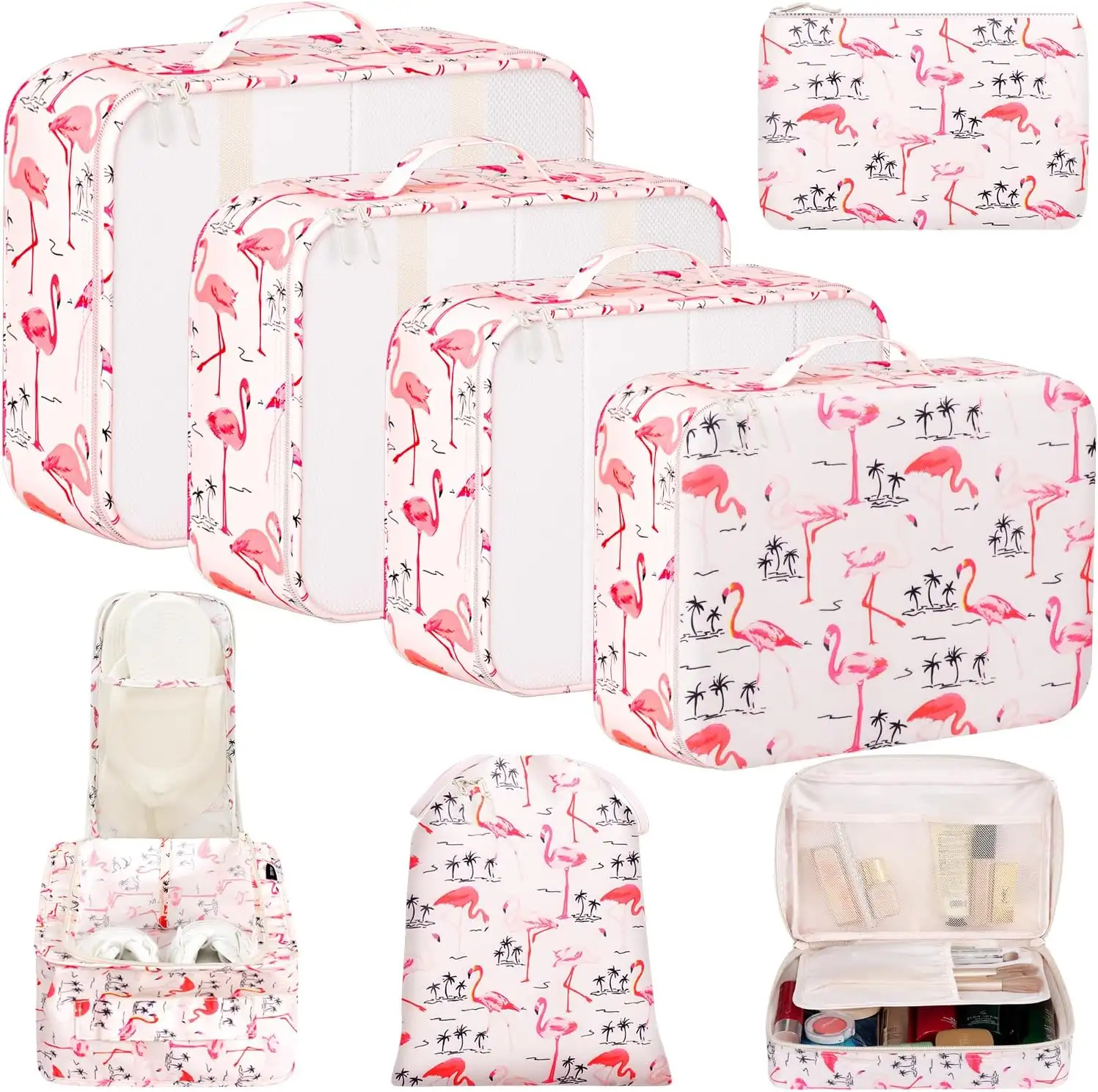 8 mesh packing cubes set with laundry bag and shoe bag for organized travel and efficient packing solutions.