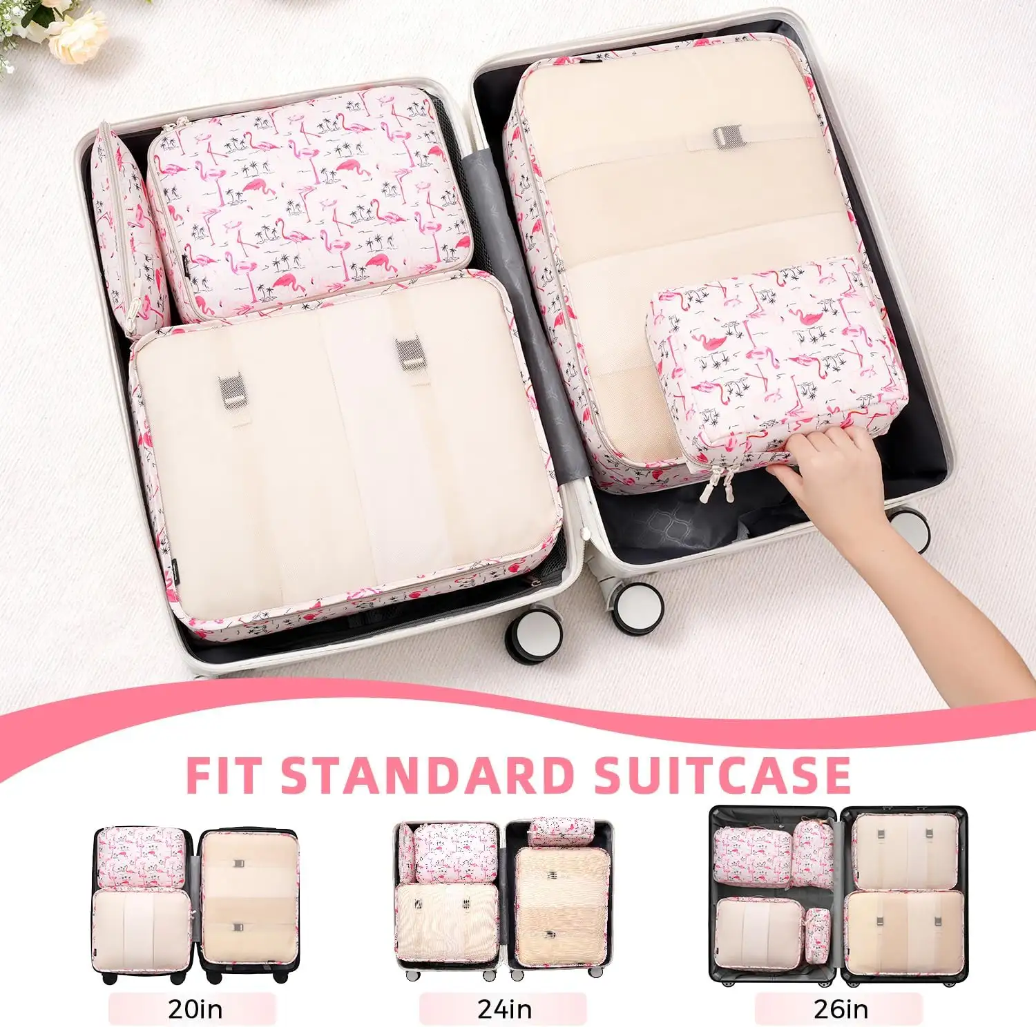 8 pack mesh packing cubes set with laundry and shoe bags for organized travel and storage.