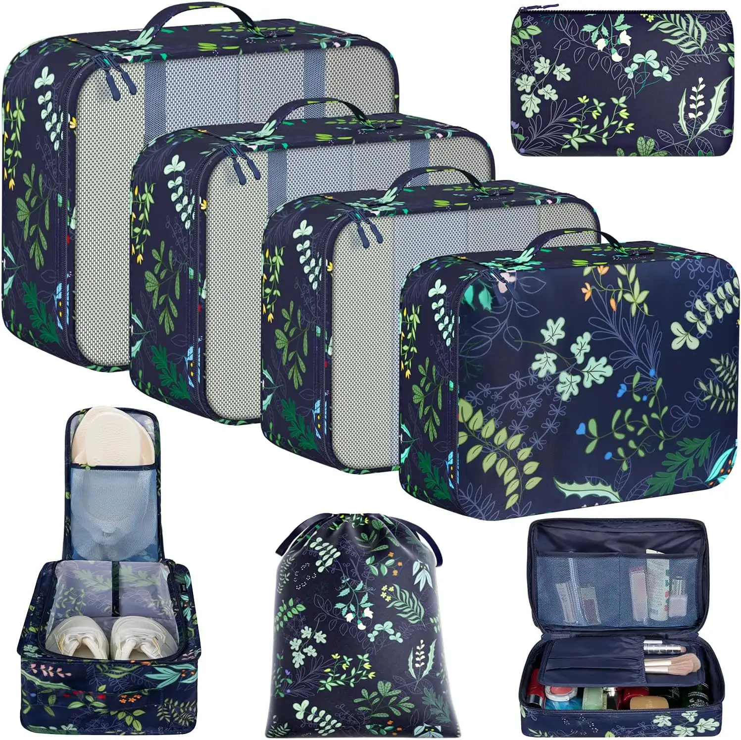 8 set mesh packing cubes with laundry bag and shoe bag, perfect for organized travel and efficient packing.