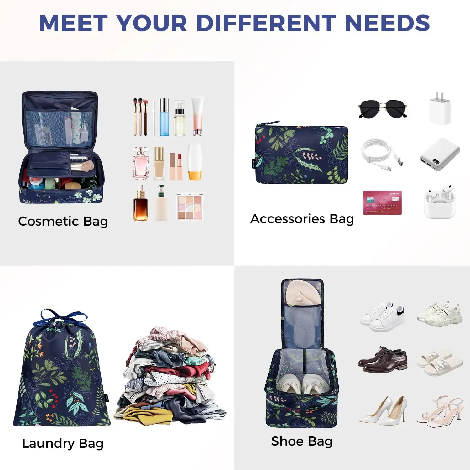 8 mesh packing cubes set with laundry bag and shoe bag for organized travel and efficient packing.