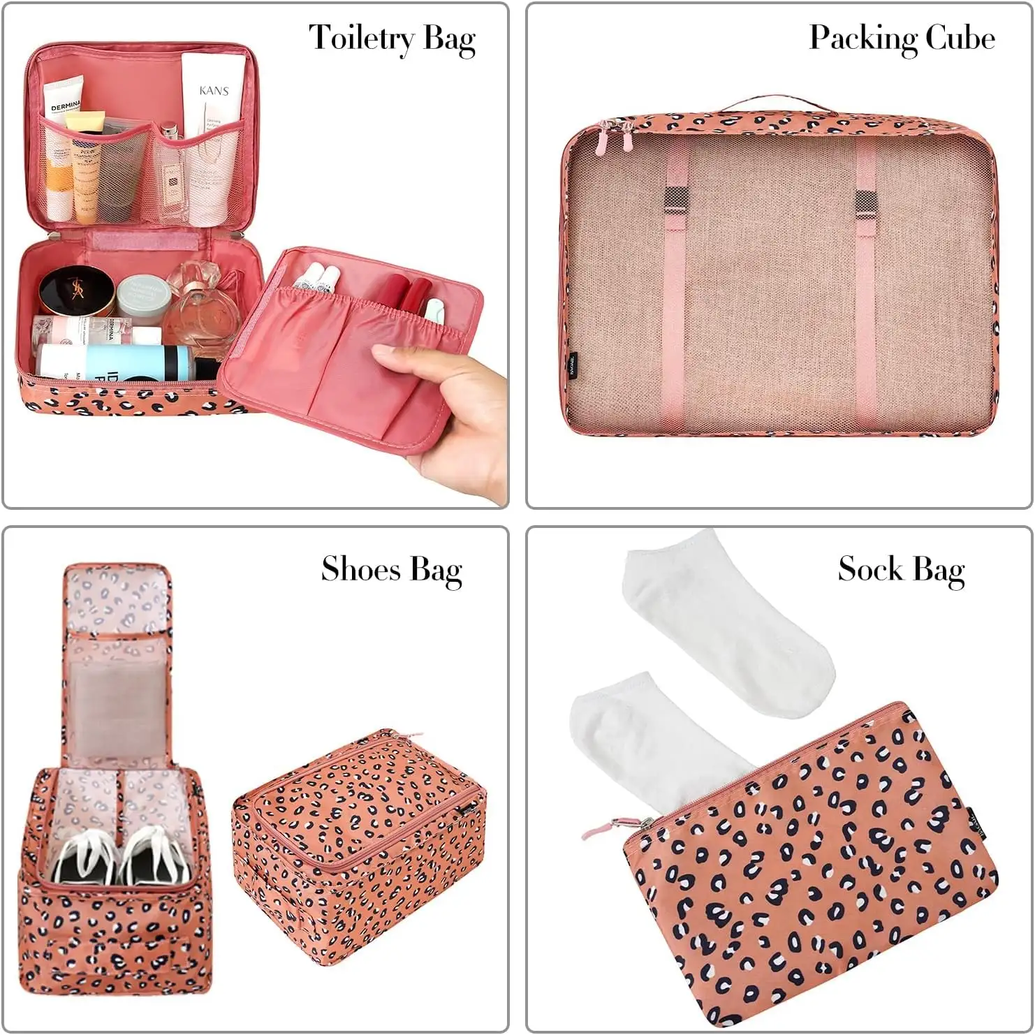 8-piece mesh packing cubes set with laundry and shoe bags for organized travel and efficient packing.