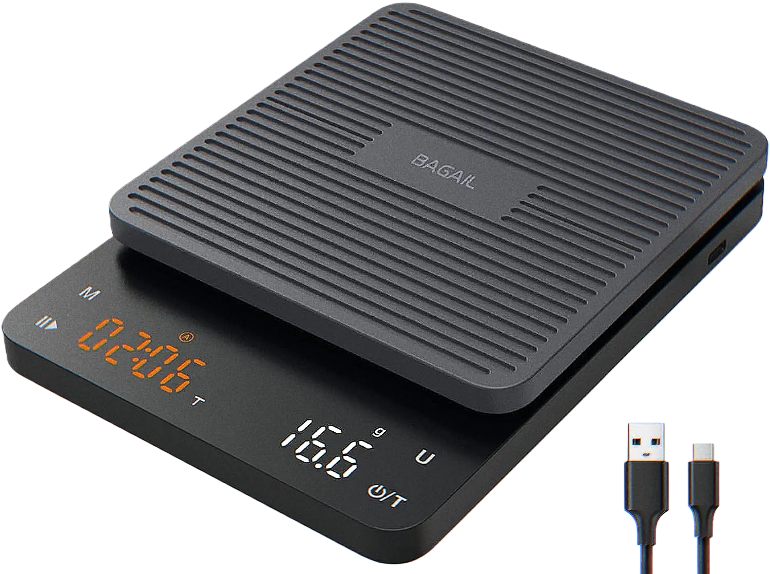 High precision coffee scale with timer, measuring 0.1g increments for accurate brewing and cooking in the kitchen.