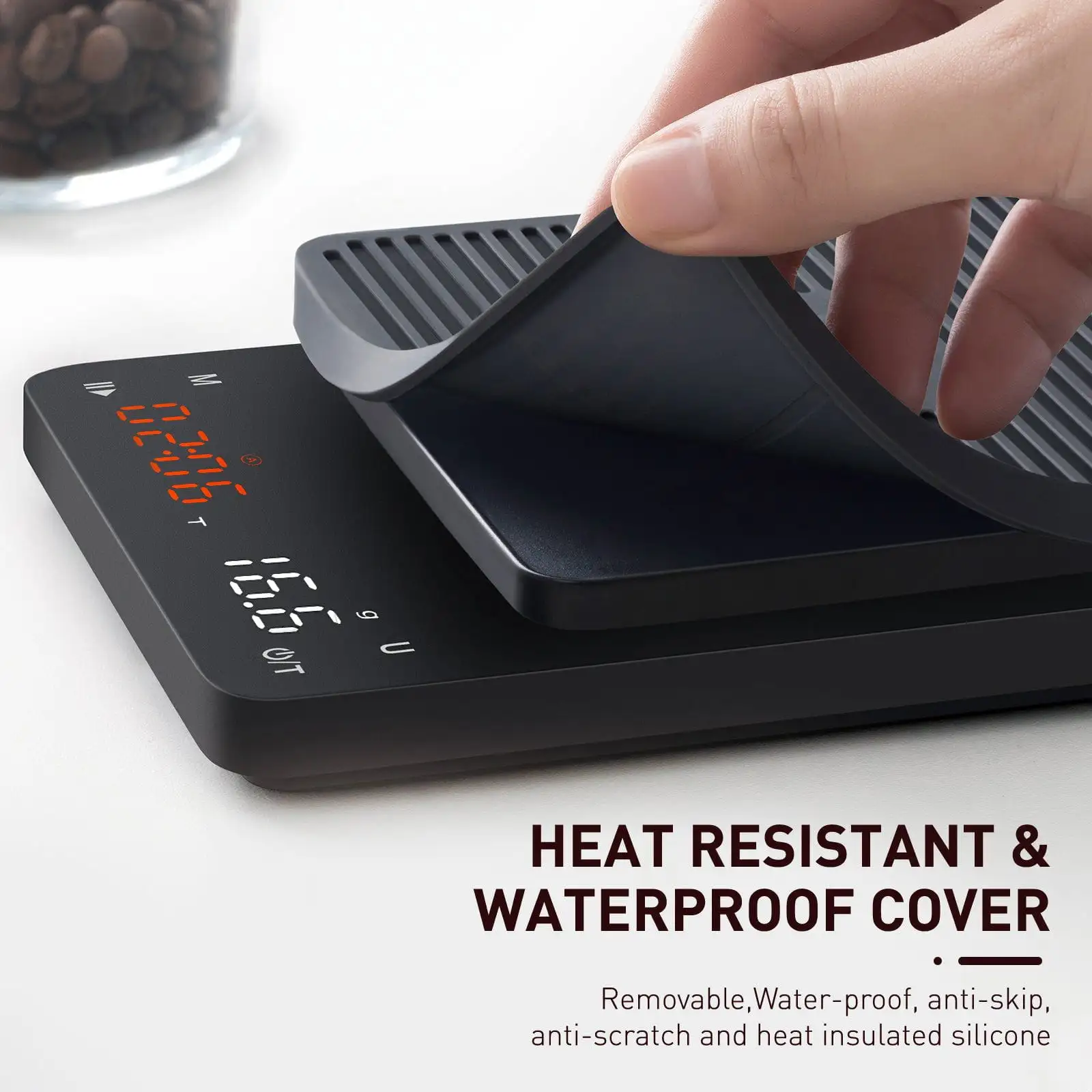 High precision coffee scale with timer, 0.1g accuracy, silicone cover, auto tare, perfect for pour over and espresso.