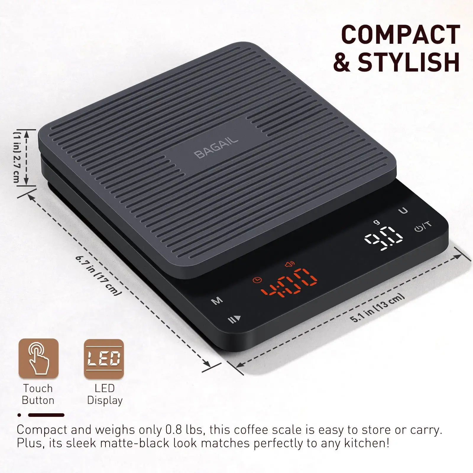 High precision coffee scale with timer, 0.1g accuracy, auto tare, silicone cover, ideal for pour over and espresso.