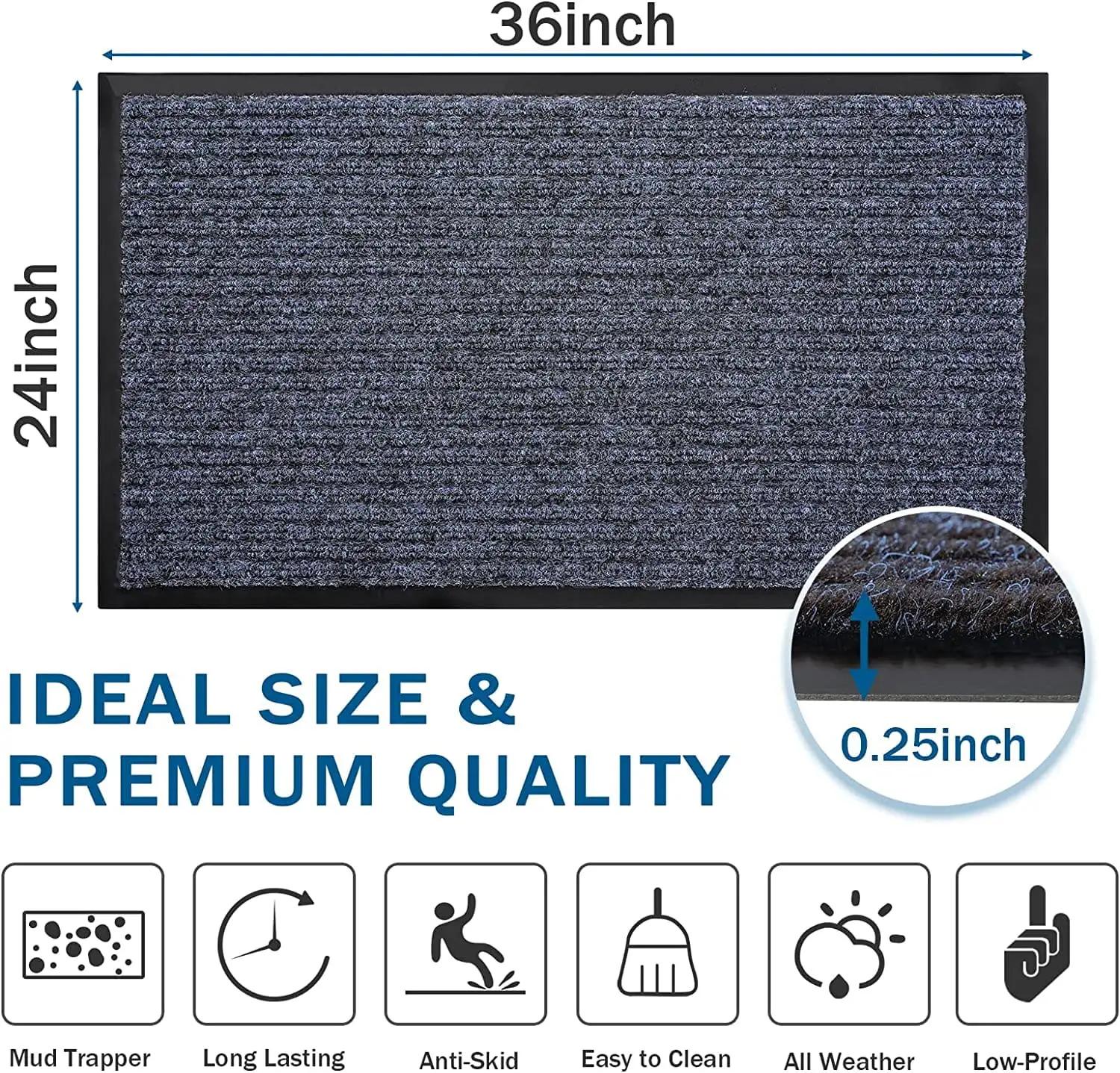 Steel grey 2-pack door mats, non-slip, dirt-resistant, easy to clean, 36x24 inches, perfect for indoor or outdoor entryways.