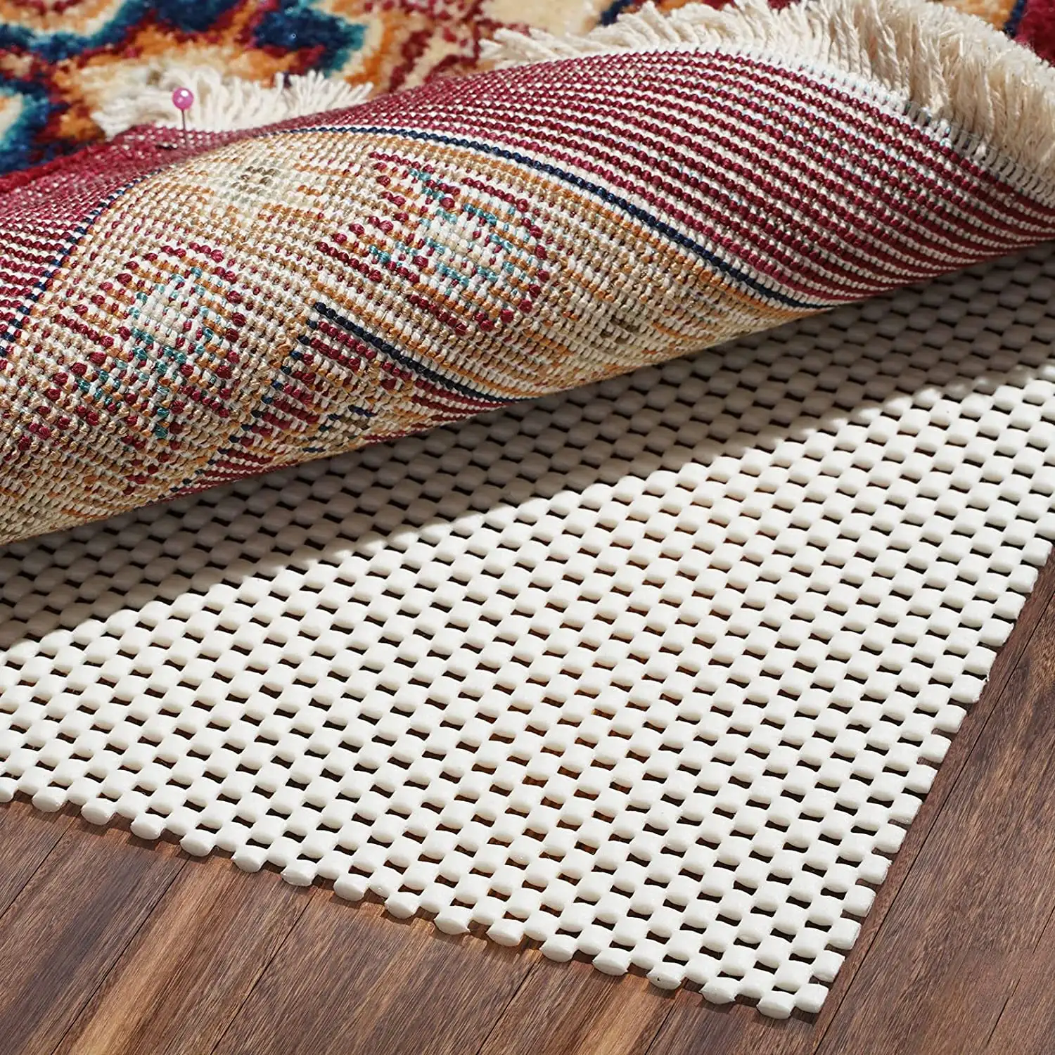 Non-slip rug pad gripper, 8x10 feet, extra thick for area rugs on hardwood floors, keeps rugs safe and secure.