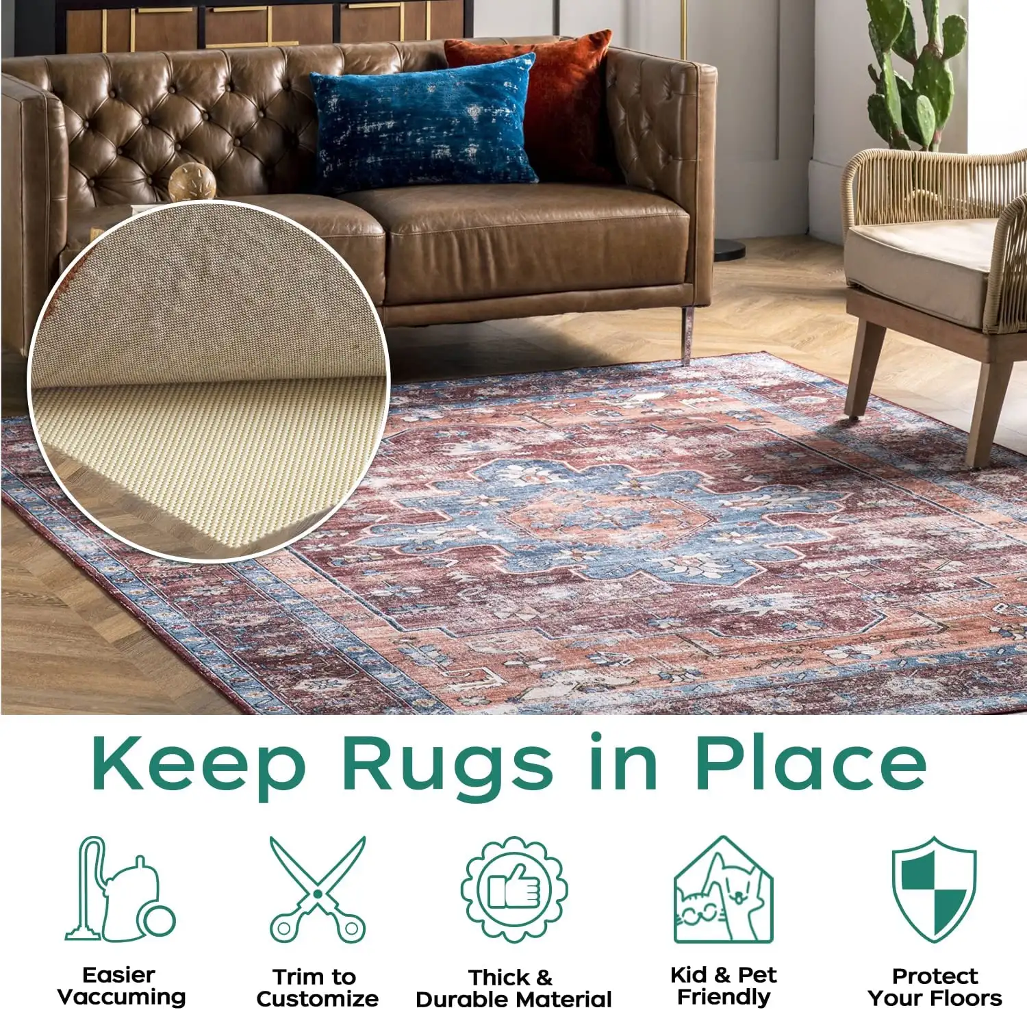 Non-slip rug pad gripper 8x10 feet, extra thick carpet pad for area rugs on hardwood floors, keeps rugs secure.
