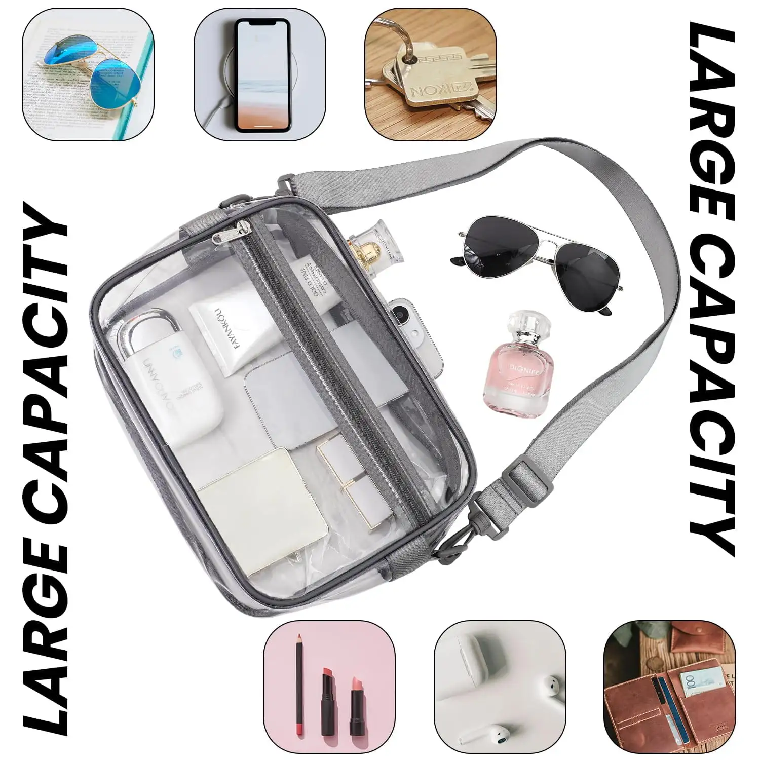 Clear crossbody bag, stadium approved, adjustable strap, black rectangle design, perfect for events and travel.