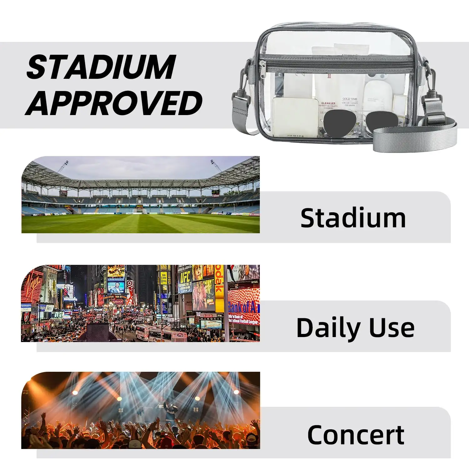 BAGAIL clear crossbody bag, stadium approved, adjustable strap, rectangle shape, black, perfect for events and travel.