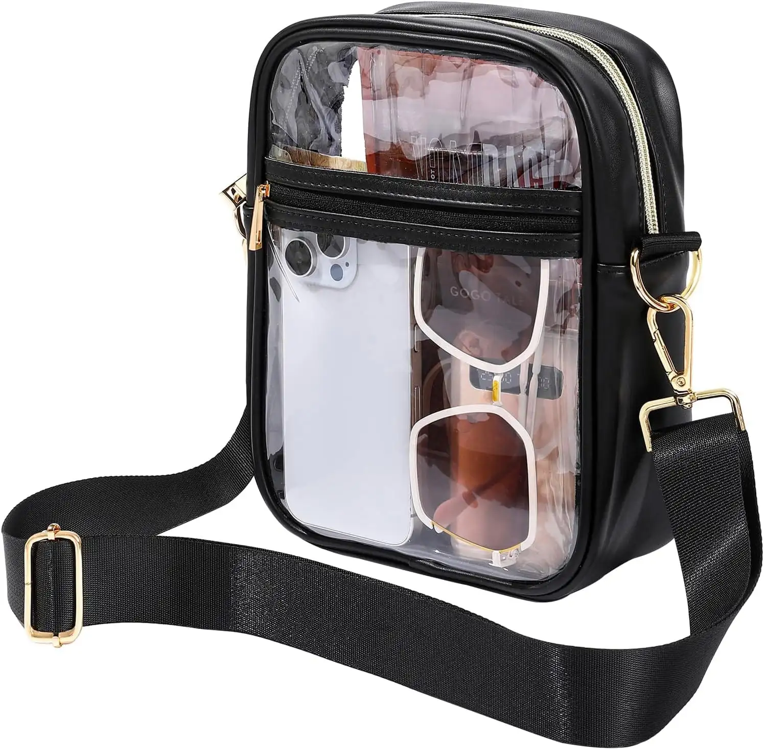 BAGAIL clear stadium-approved crossbody bag in black, featuring adjustable strap and rectangular design for easy carrying.