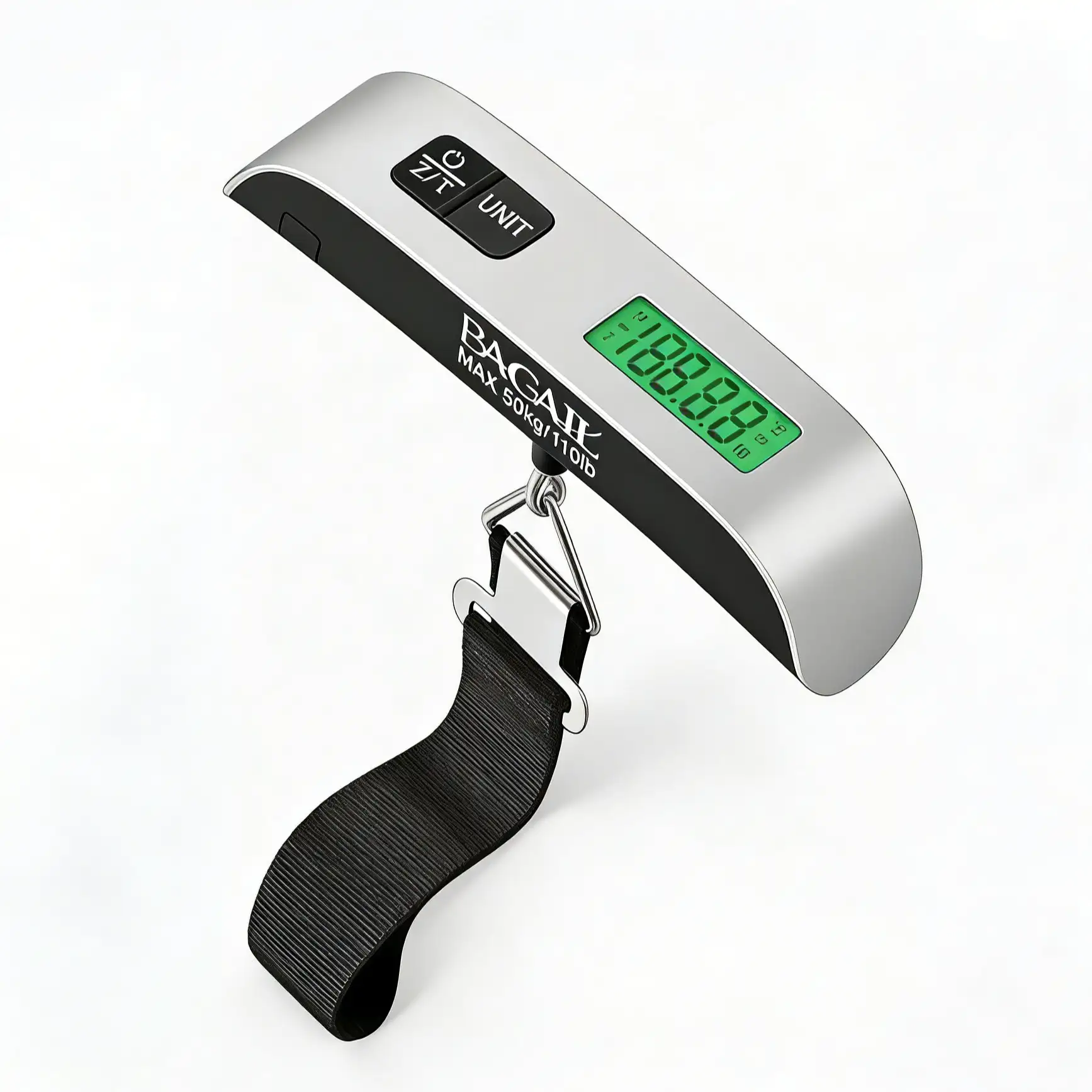 110lbs luggage scale with backlit LCD, portable design, strong hook, ideal for travel and weighing suitcases.
