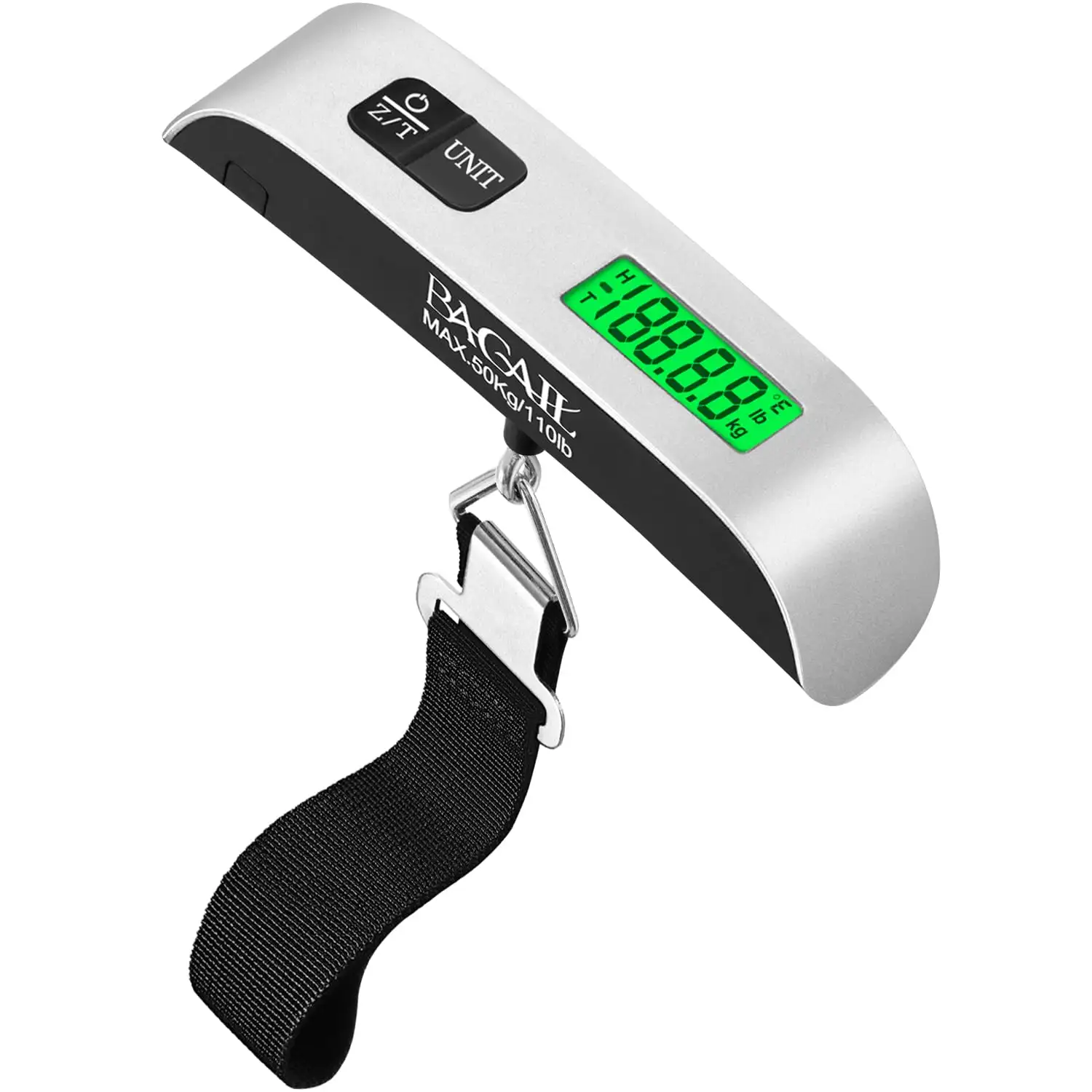 110lbs luggage scale with backlit LCD display, portable hanging baggage weight scale for travelers, ash silver design.