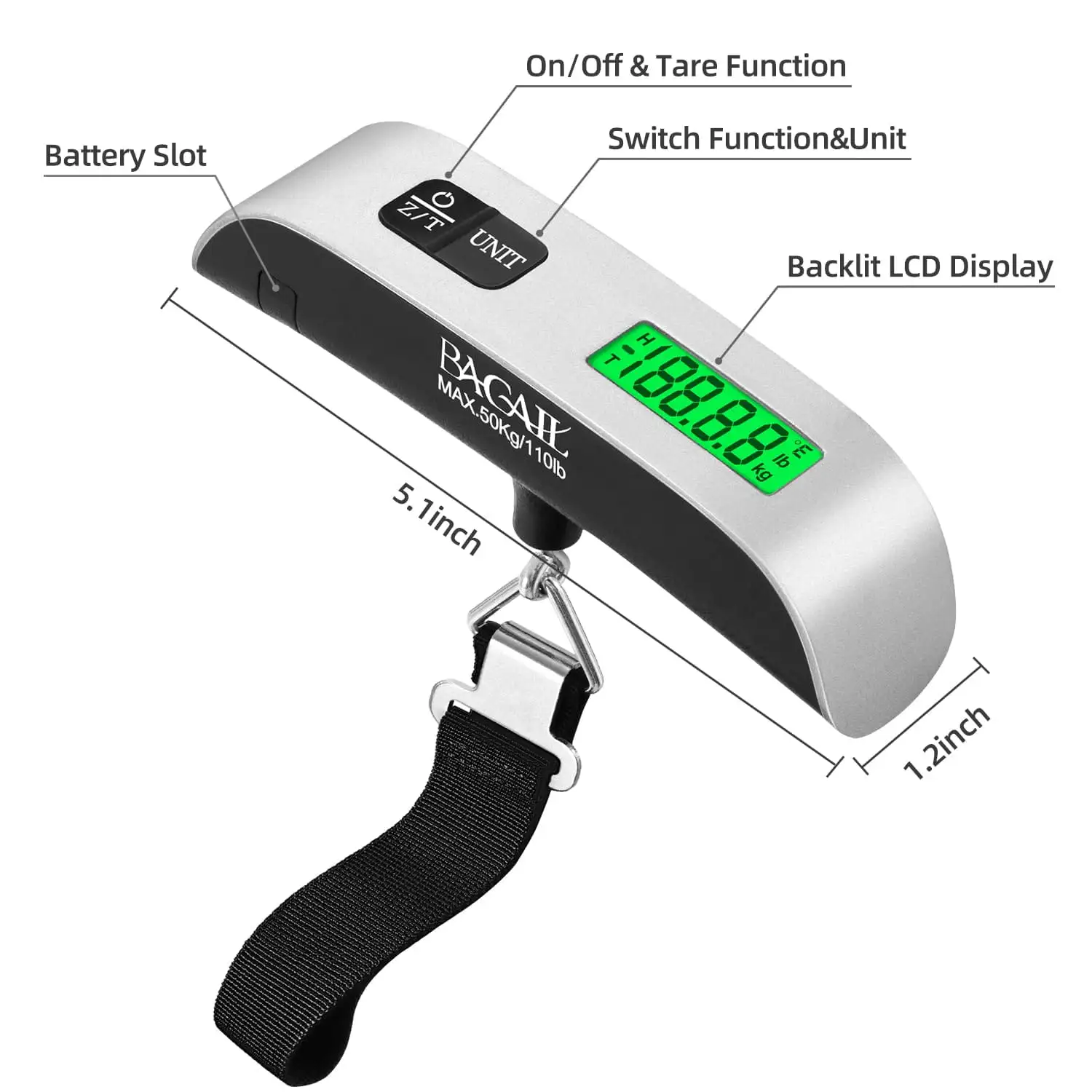 110lbs luggage scale with backlit LCD, portable suitcase weight measurement, durable hook for travel convenience.