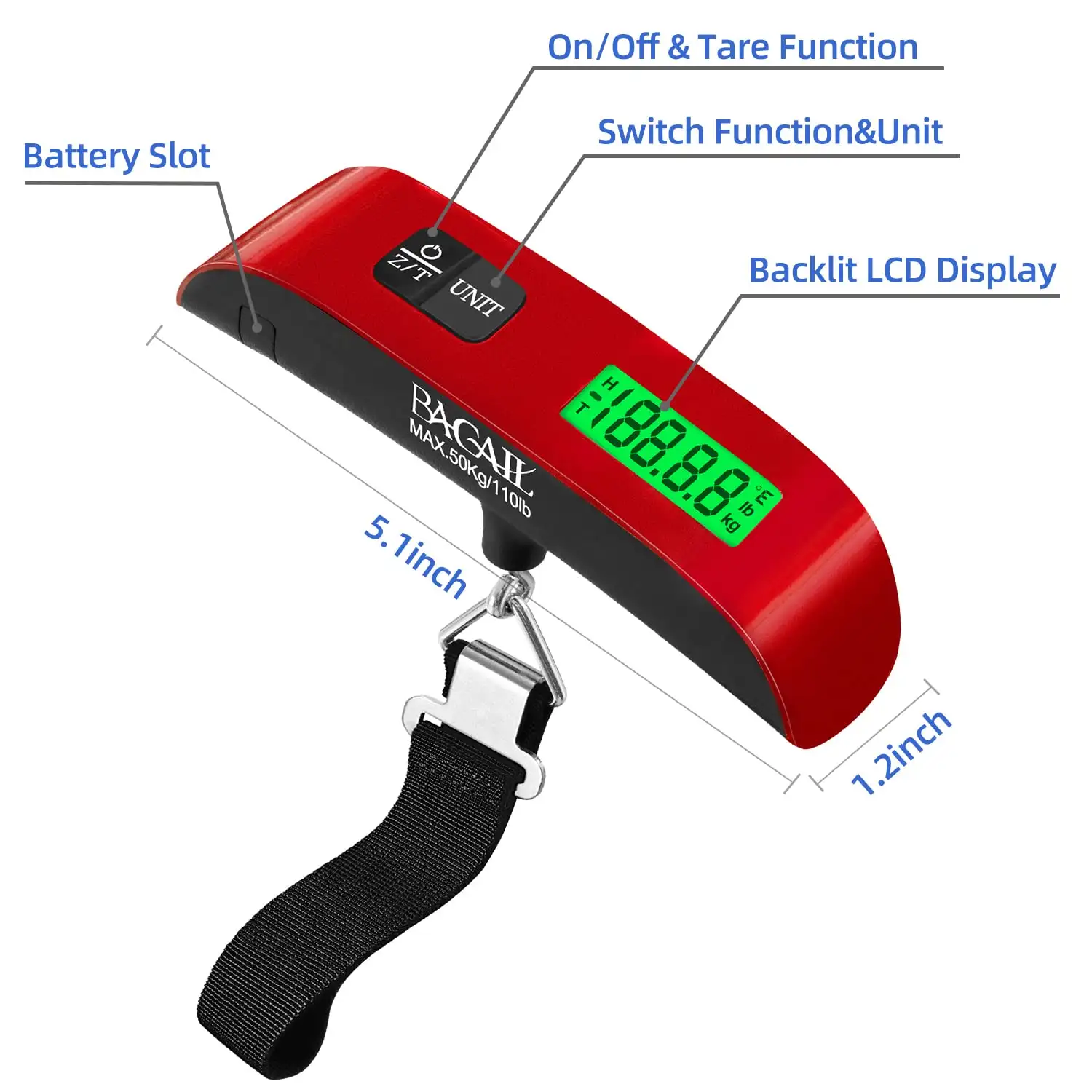 110lbs luggage scale with backlit LCD display, portable design, and strong hook for easy travel weight measurement.