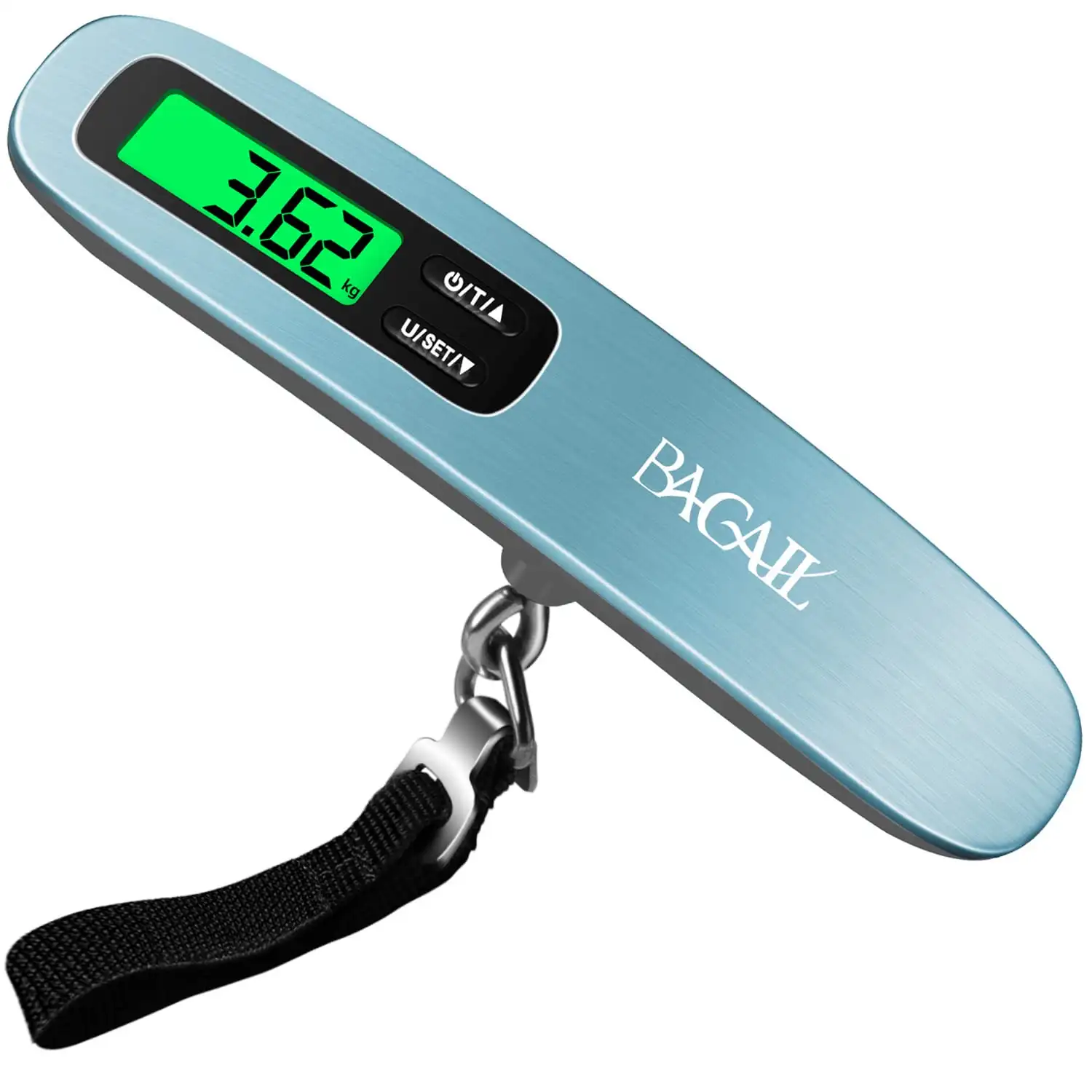Luggage scale weighing up to 110lbs with backlit LCD display, hook, and strong straps for convenient travel.