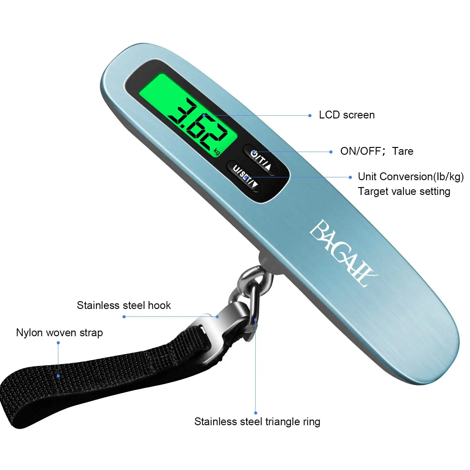 110lbs luggage scale with backlit LCD, portable design, strong hook, perfect for weighing travel bags and suitcases.