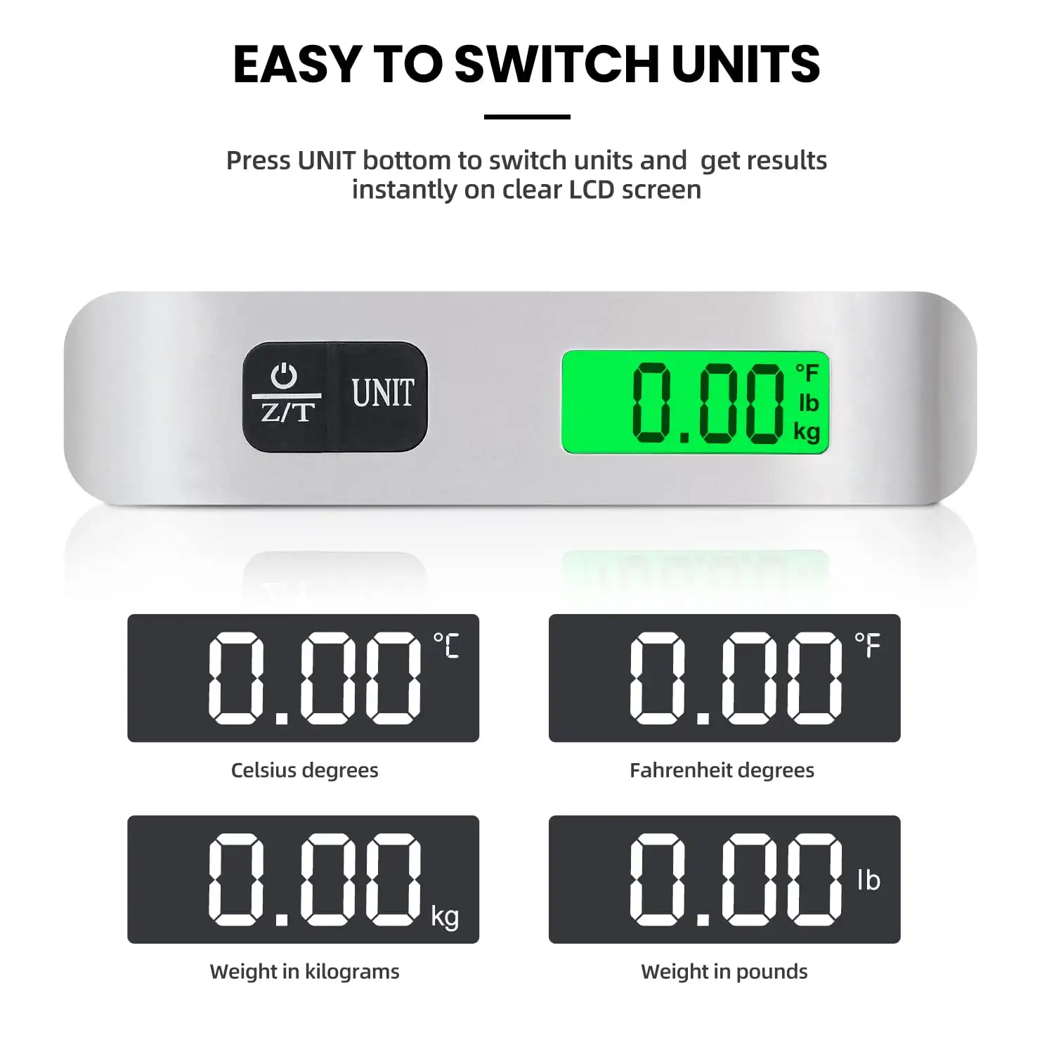 110lbs luggage scale with backlit LCD display, portable design, ideal for travelers, features strong hook and straps.