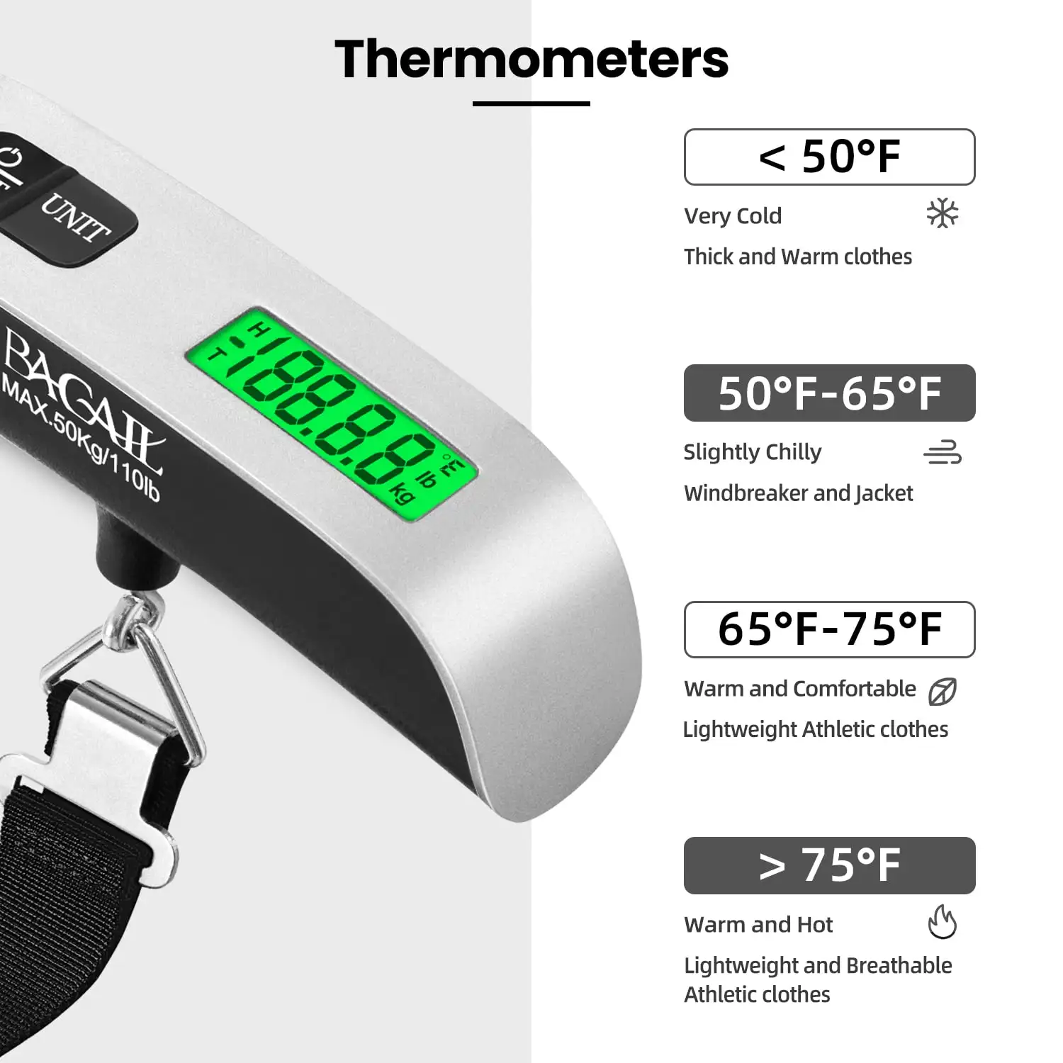 110lbs luggage scale with backlit LCD, portable design, strong hook, ideal for travelers and weighing suitcase weight.