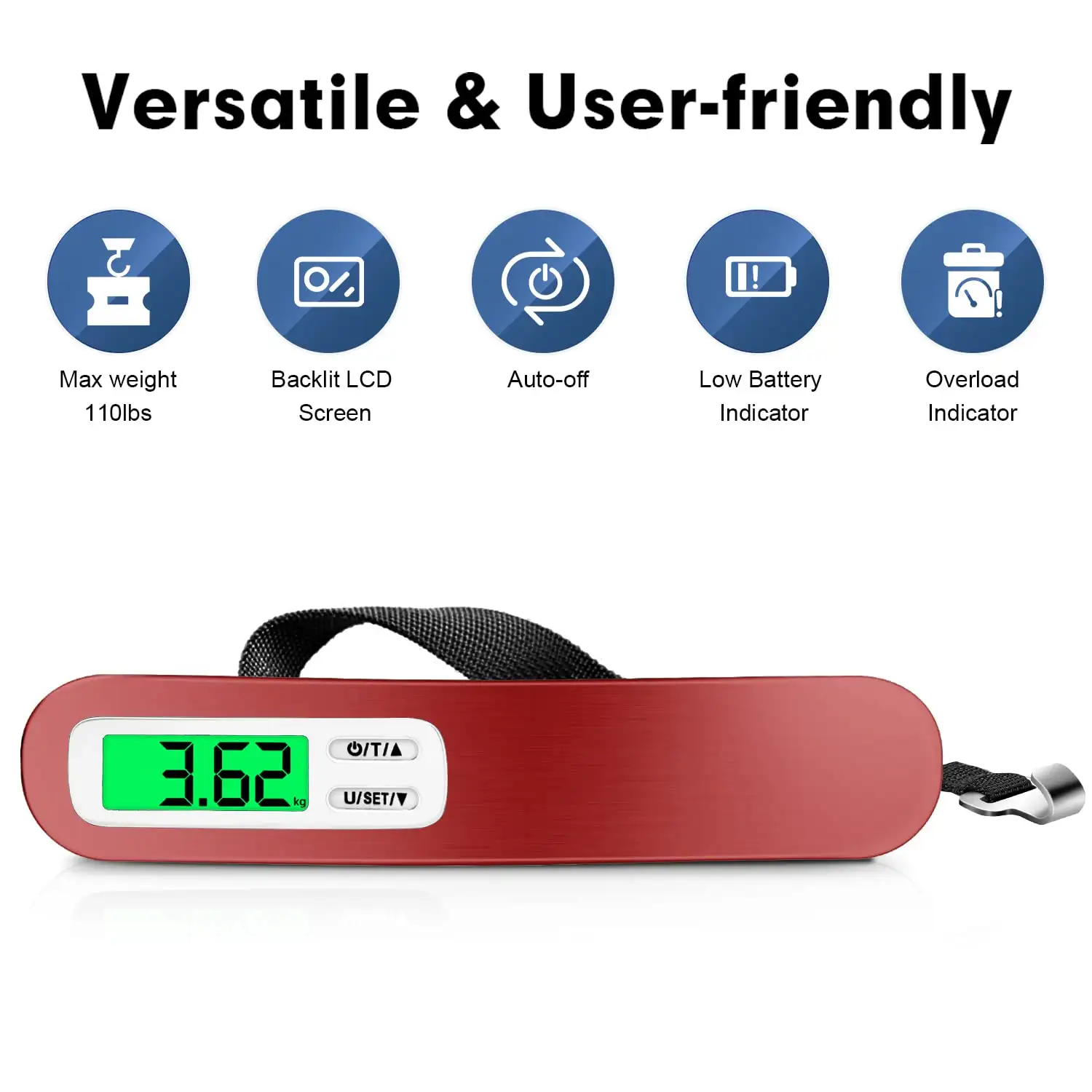 Luggage scale with backlit LCD, weighs up to 110lbs, portable design, ideal for travelers and suitcase weighing.