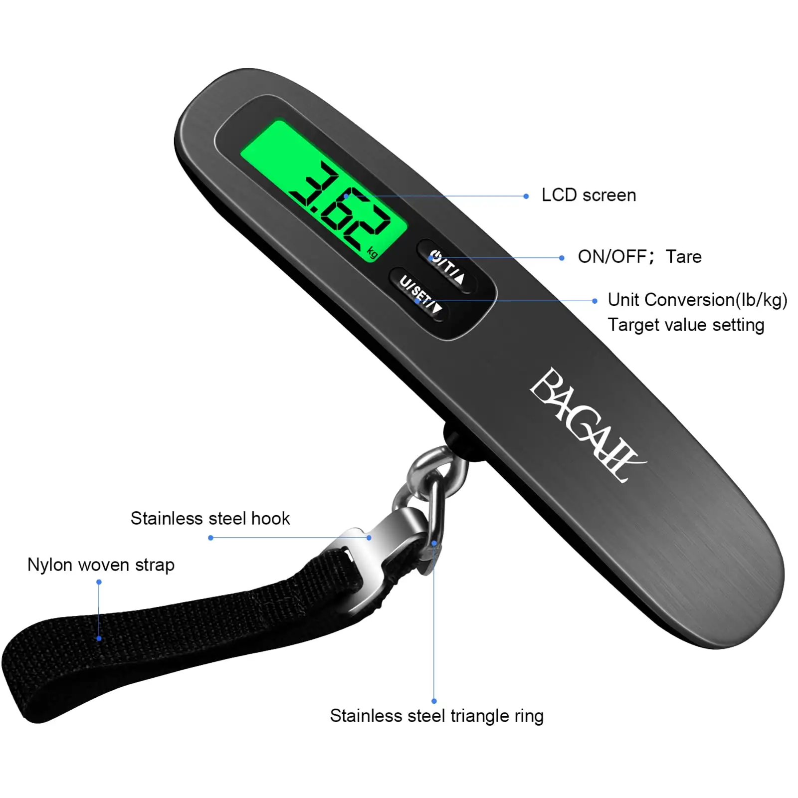 Luggage scale with 110lbs capacity, backlit LCD display, and strong hooks for easy suitcase weighing for travelers.