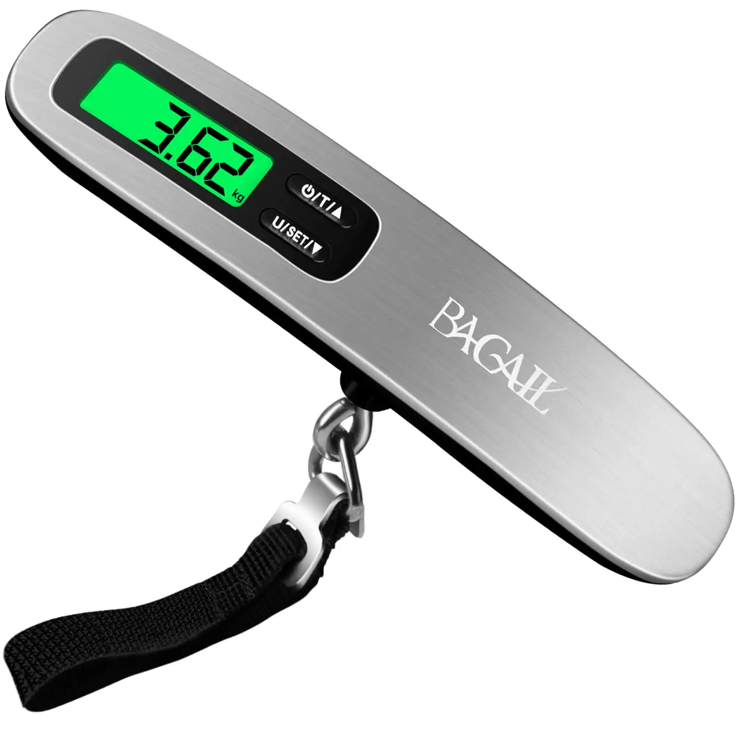 110lbs luggage scale with backlit LCD, portable design, and strong hook for accurate suitcase weight measurement.
