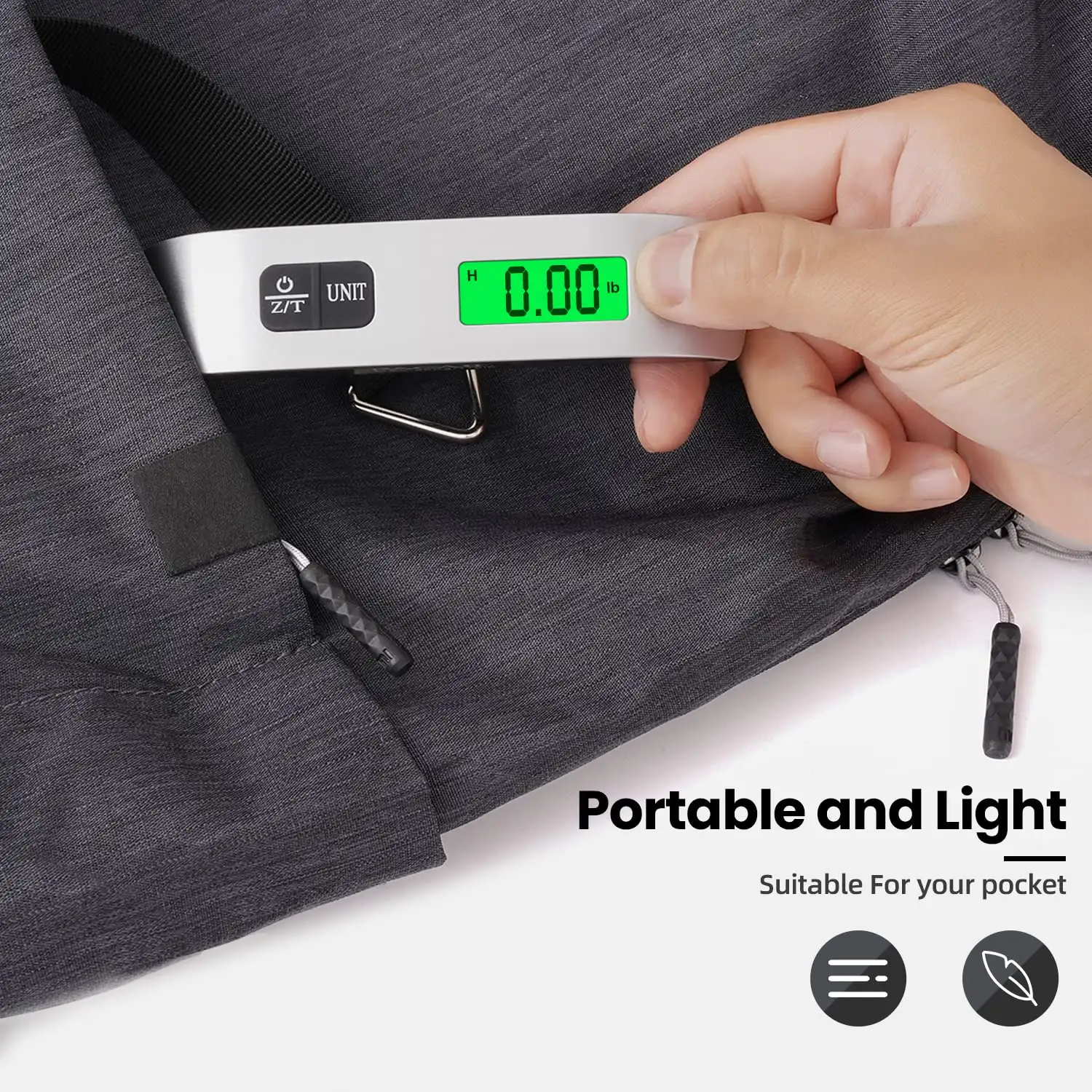 110lbs luggage scale with backlit LCD display, portable weighing hook for travelers, durable and easy-to-use design.