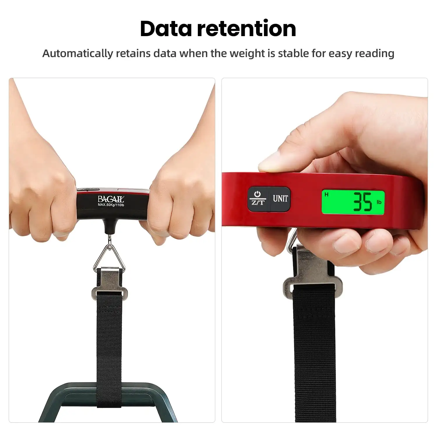 110lbs luggage scale with backlit LCD display, portable hanging design, perfect for travelers and suitcase weight checking.