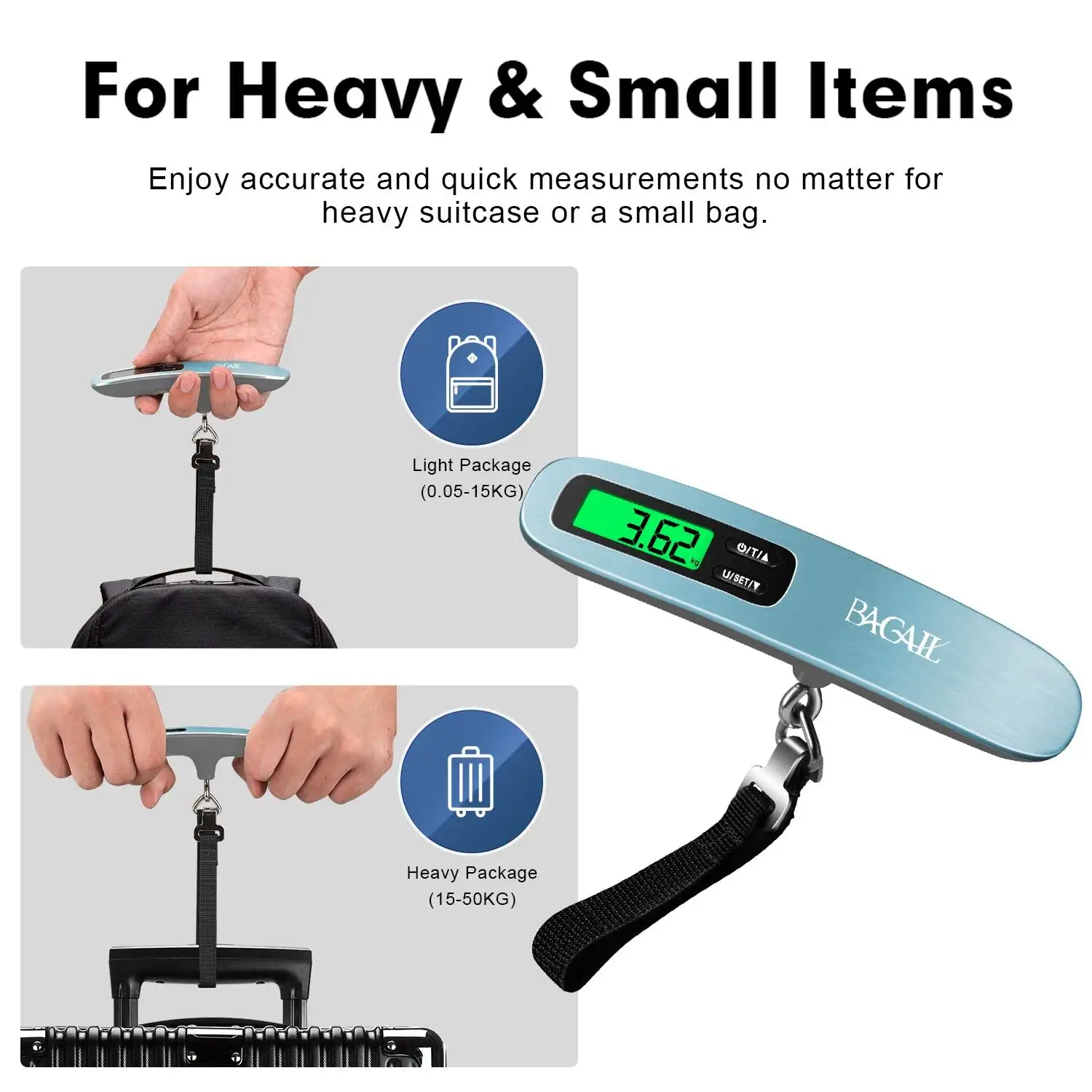 Luggage scale with 110lbs capacity, backlit LCD display, and hook for easy suitcase weighing; perfect for travelers.
