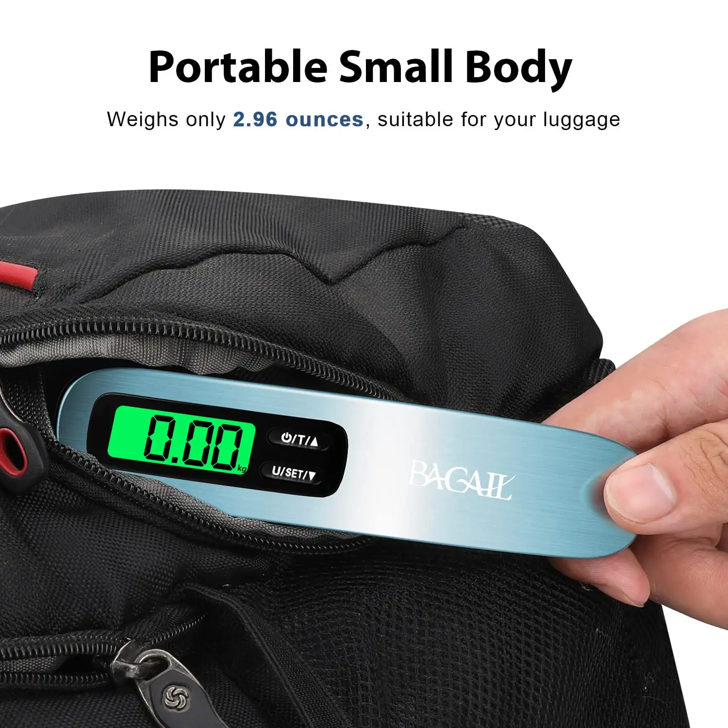 110lbs luggage scale with backlit LCD display, portable design, ideal for weighing travel bags and suitcases.